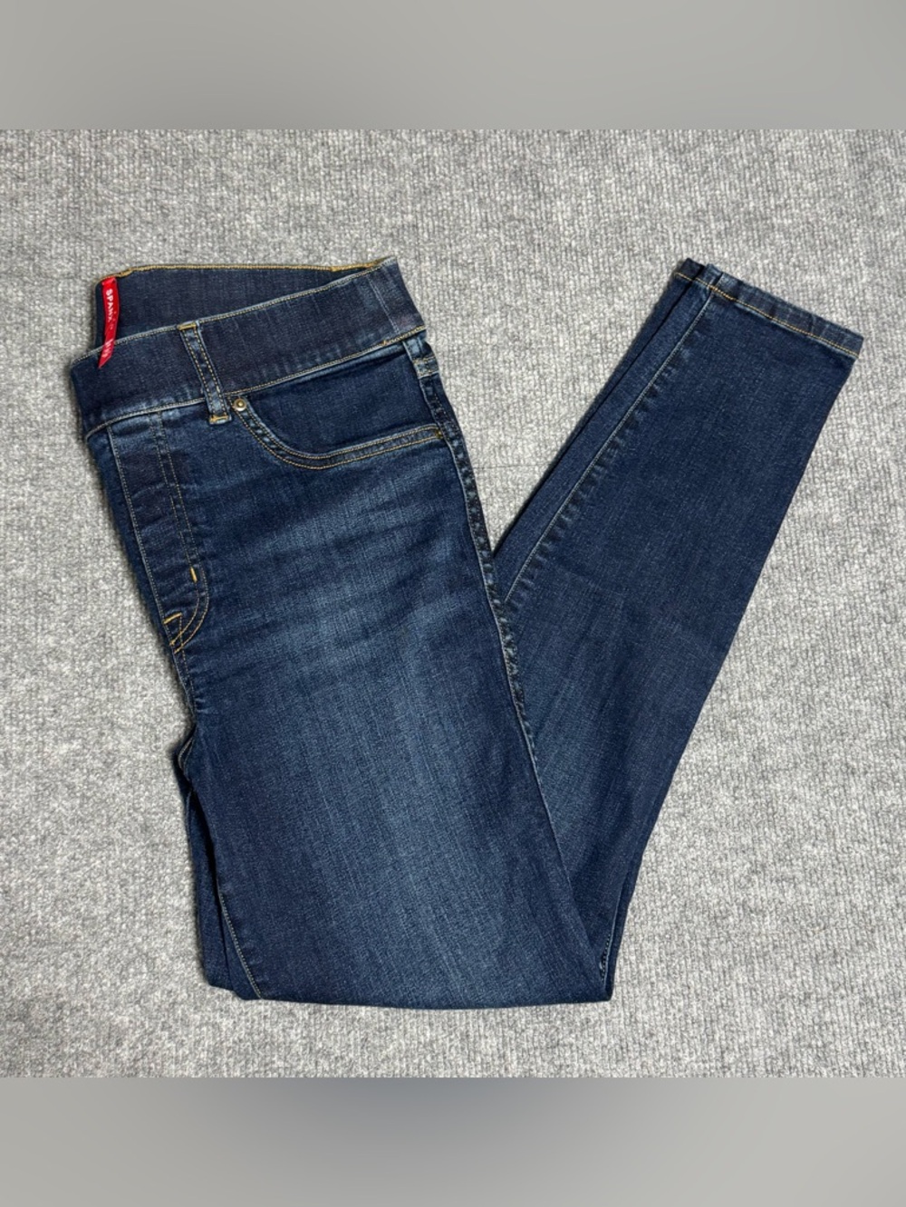 Spanx Pull On Denim Jeggings Dark Wash Slim-X Tummy Control Model Off Duty Med M